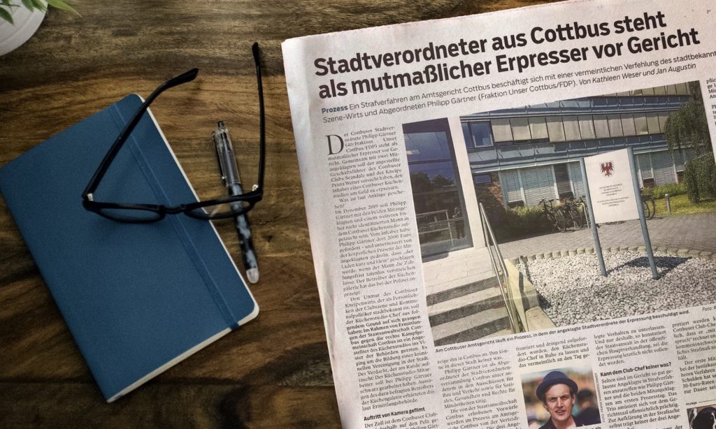 „Mir kann in dieser Stadt keiner was!“ –  Cottbuser Stadtverordneter Philipp Gärtner wegen Erpressung vor Gericht